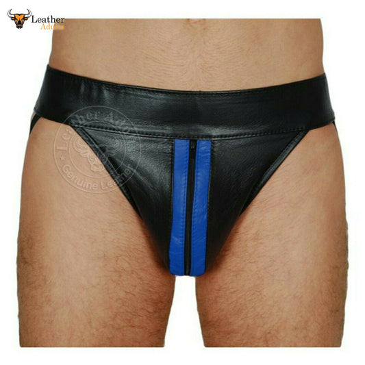 A black leather jockstrap with blue stripes on the front, worn by a model.