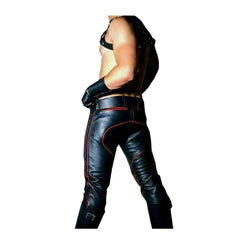 Pantalones de Cuero para Hombre, Negros con Ribete Rojo, Estilo Motero, BLUF, Breeches, Gays, Cuir