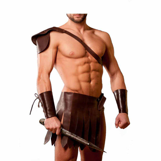 Conjunto de falda escocesa de gladiador romano marrón de cuero con guanteletes LARP Todas las tallas