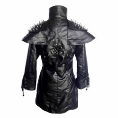 ABRIGO GÓTICO STEAMPUNK DE CUERO DE OVEJA AUTÉNTICO NEGRO PARA MUJER T25