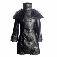 ABRIGO GÓTICO STEAMPUNK DE CUERO DE OVEJA AUTÉNTICO NEGRO PARA MUJER T25