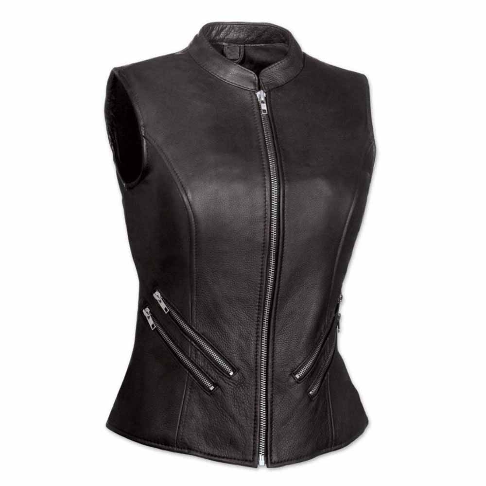 Chaleco de piel negro suave de motorista para mujer W9
