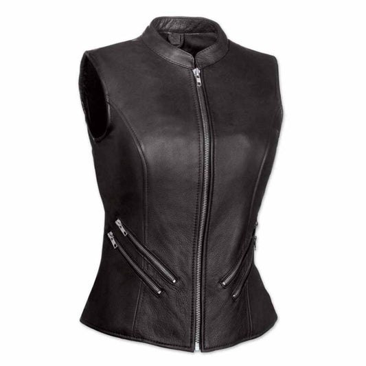 Chaleco de piel negro suave de motorista para mujer W9