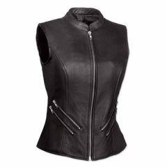 Chaleco de piel negro suave de motorista para mujer W9