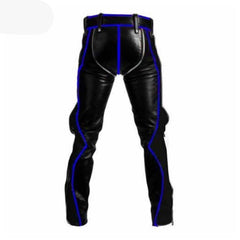 Vaqueros negros de cuero de vaca para hombre, bondage, con ribetes azules BLUF Pantalones de montar de cuero