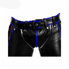 Vaqueros negros de cuero de vaca para hombre, bondage, con ribetes azules BLUF Pantalones de montar de cuero