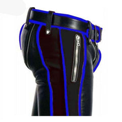 Vaqueros negros de cuero de vaca para hombre, bondage, con ribetes azules BLUF Pantalones de montar de cuero