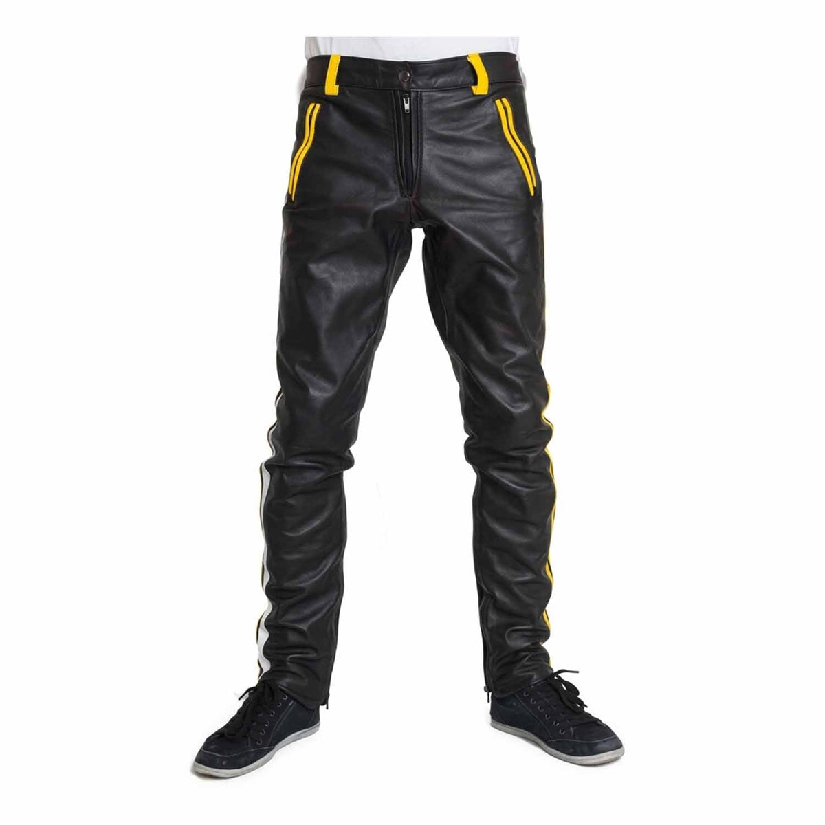 Pantalones de cuero de vaca para hombre, pantalones moteros cortos, pantalones de cuero con raya amarilla, pantalones chinos para discoteca