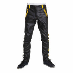 Pantalones de cuero de vaca para hombre, pantalones moteros cortos, pantalones de cuero con raya amarilla, pantalones chinos para discoteca