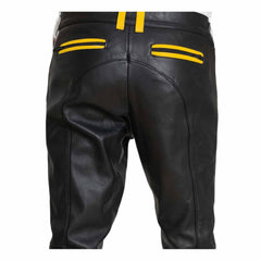 Pantalones de cuero de vaca para hombre, pantalones moteros cortos, pantalones de cuero con raya amarilla, pantalones chinos para discoteca