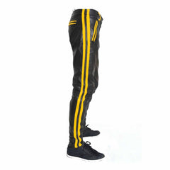 Pantalones de cuero de vaca para hombre, pantalones moteros cortos, pantalones de cuero con raya amarilla, pantalones chinos para discoteca