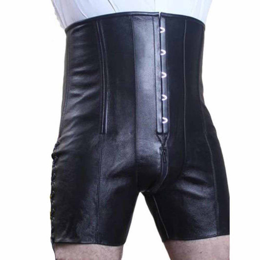 Pantalones cortos tipo corsé de cuero para hombre, de talle alto y con ballenas de acero