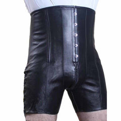 Pantalones cortos tipo corsé de cuero para hombre, de talle alto y con ballenas de acero