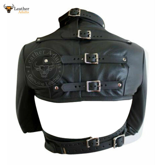 Camisa de fuerza de cuero vacuno auténtico para mujer, chaqueta BDSM de bondage de alta resistencia