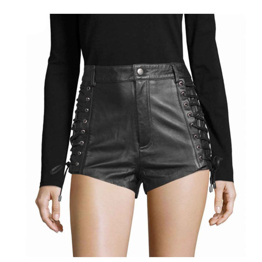 Pantalones Cortos de Cuero Negro Genuino de Piel de Cordero para Mujer Pantalones Cortos de Cuero Negros con Cordones para Mujer