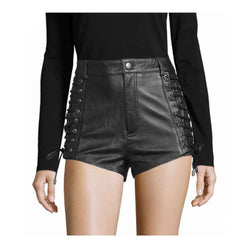 Pantalones Cortos de Cuero Negro Genuino de Piel de Cordero para Mujer Pantalones Cortos de Cuero Negros con Cordones para Mujer