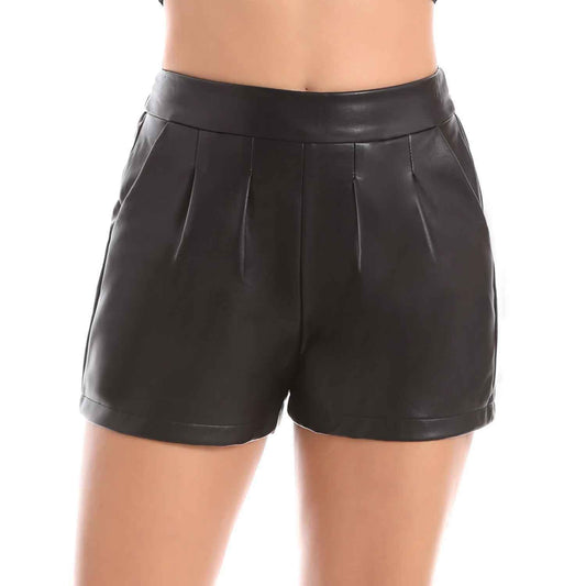 Pantalones cortos de piel de cordero auténtica con cintura elástica para mujer, holgados y con bolsillos