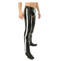 Perneras de motociclista para hombre, perneras de cuero, perneras de cuero con rayas blancas, pantalones de perneras para gais