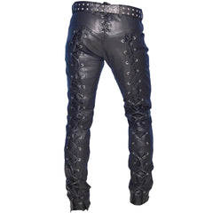 Pantalones de motorista de piel auténtica para hombre con cordones delanteros y traseros