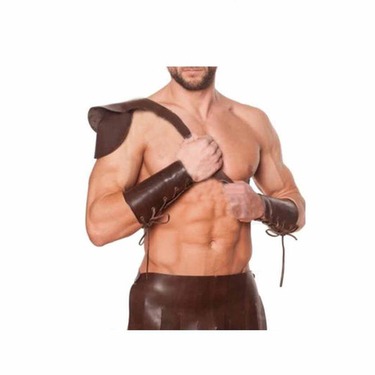 Conjunto de falda escocesa de gladiador romano marrón de cuero con guanteletes LARP Todas las tallas