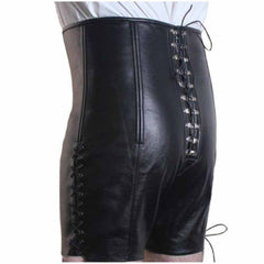 Pantalones cortos tipo corsé de cuero para hombre, de talle alto y con ballenas de acero