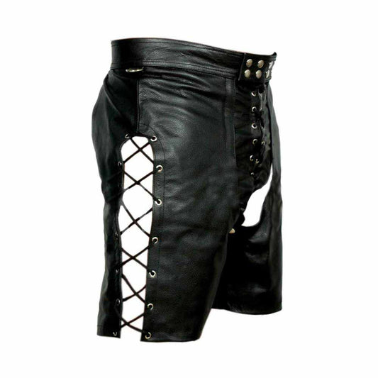 Pantalones cortos tipo chaps para hombre, 100% cuero genuino, estilo discoteca