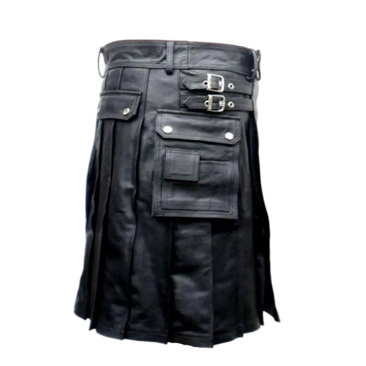 Kilt utilitario de cuero negro para hombre, con dos bolsillos cargo, plisado y dos hebillas