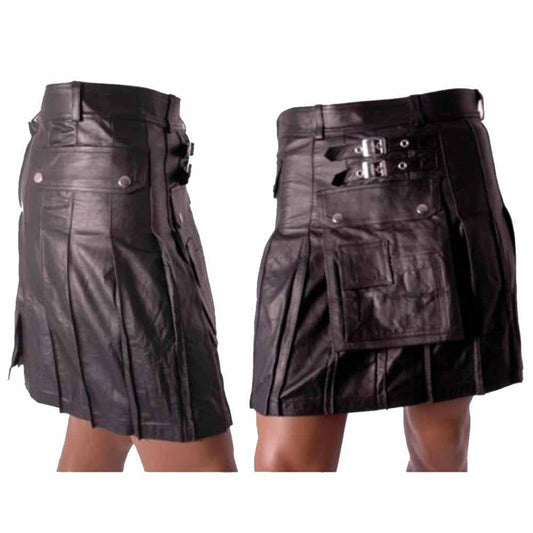 Kilt cargo utilitario de cuero auténtico negro para hombre, opción de largo y tallas