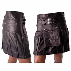 Kilt cargo utilitario de cuero auténtico negro para hombre, opción de largo y tallas