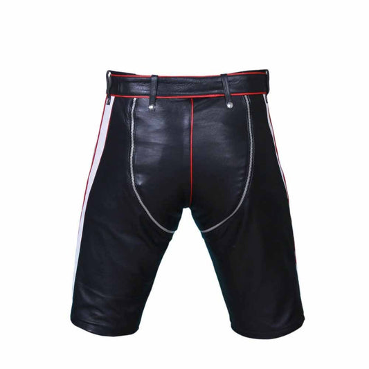Pantalones cortos tipo zahones de cuero genuino de vaca para hombre, color negro y rojo en contraste, para discoteca