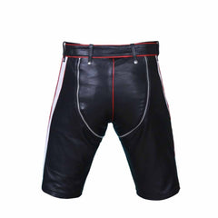 Mens Genuine Cow Leather Black and Red Contrast Chaps Shorts Club wear Shorts