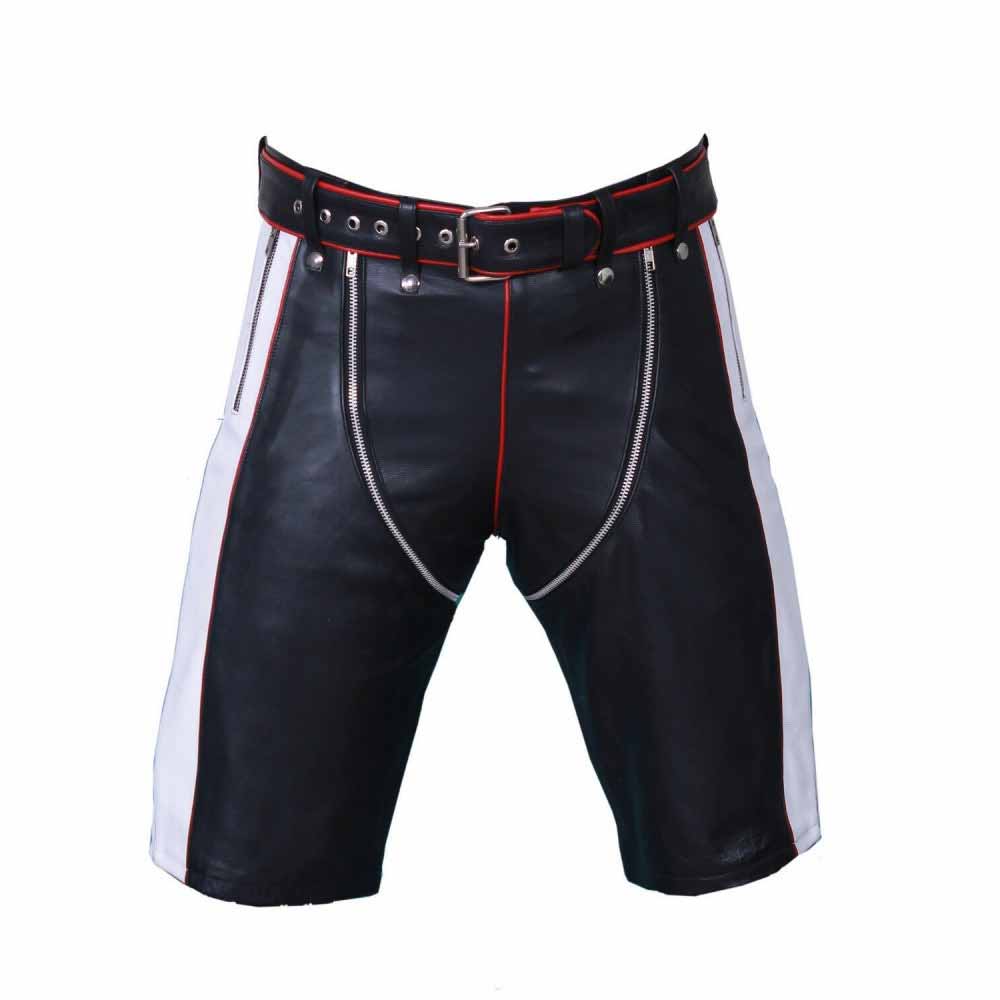 Mens Genuine Cow Leather Black and Red Contrast Chaps Shorts Club wear Shorts
