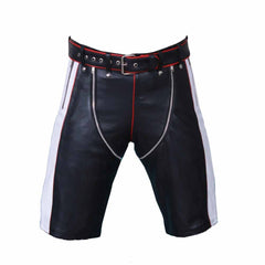 Mens Genuine Cow Leather Black and Red Contrast Chaps Shorts Club wear Shorts