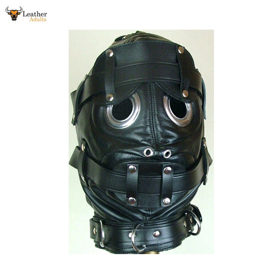 CAPUCHA / MÁSCARA DE CUERO 100% AUTÉNTICO PARA BONDAGE con MORDEDOR Y VENDA EN LOS OJOS Máscara de gimp