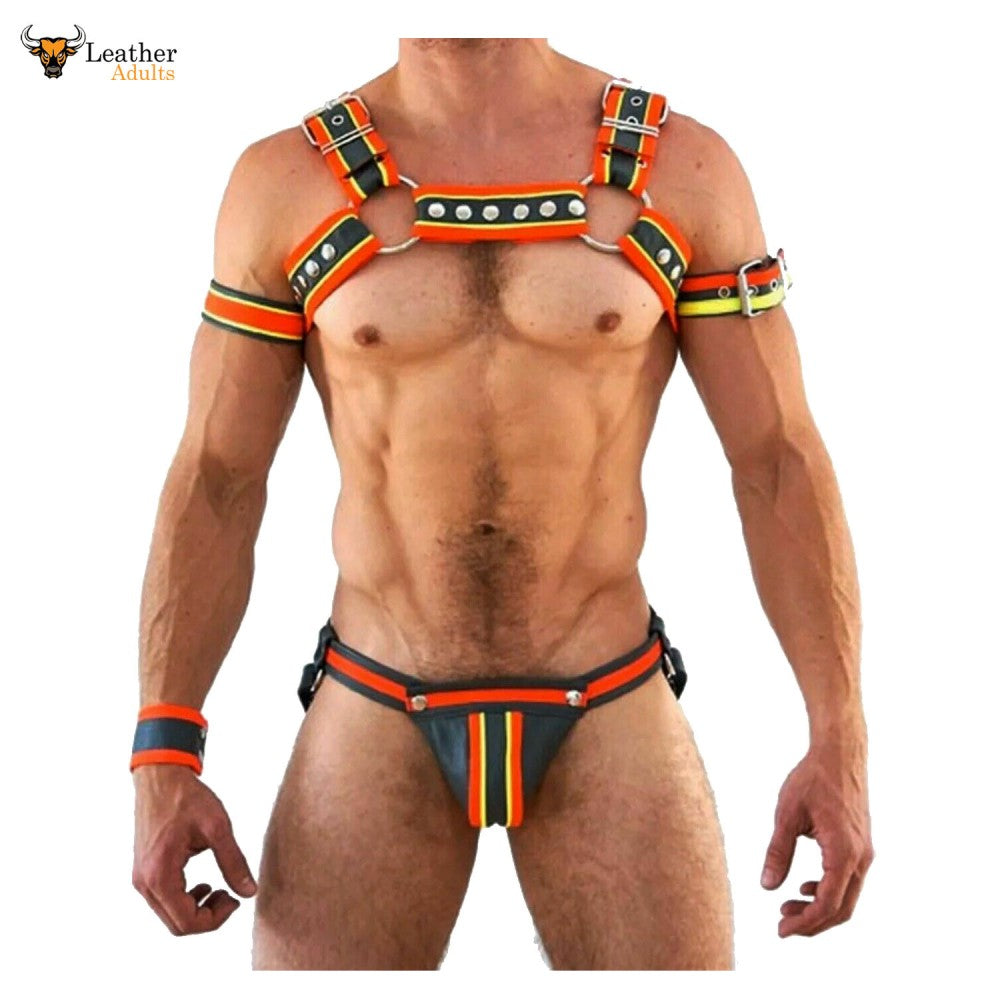 This image features a men's multi-color real leather chest harness designed with an eye-catching, vibrant striped pattern. The harness includes adjustable straps and is accompanied by a matching jockstrap, two arm bands, and one wrist band.