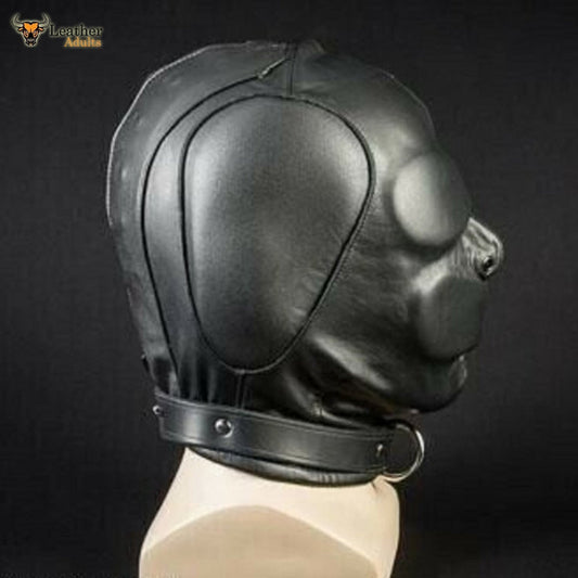 Capucha de privación sensorial para hombres BDSM de cuero suave negro acolchada unisex