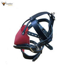 Bozal de cabeza de cuero auténtico negro y rojo, arnés, BDSM