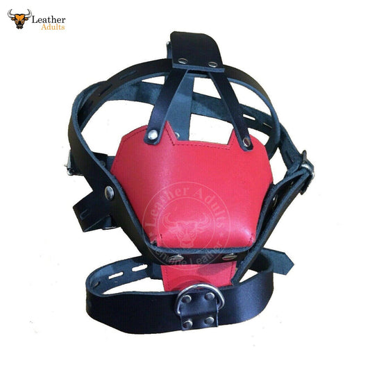Bozal de cabeza de cuero auténtico negro y rojo, arnés, BDSM
