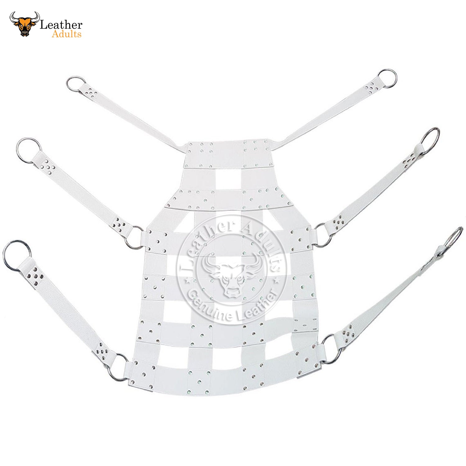 A white leather sex swing sling with stirrups, featuring multiple D-rings and metal hardware. The sling is designed for adult play and supports up to 350 lbs.
