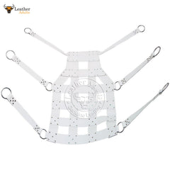 A white leather sex swing sling with stirrups, featuring multiple D-rings and metal hardware. The sling is designed for adult play and supports up to 350 lbs.