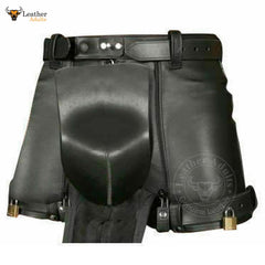 Pantalones cortos de castidad para hombre de cuero vacuno auténtico, negros con doble cremallera