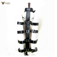 A black leather arm and neck binder set with soft cushioned leather, wrist cuffs, spine strap, and neck collar, featuring high-quality locking buckles.