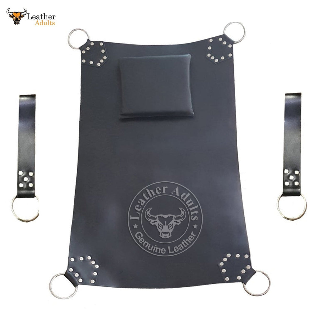 A black leather sex swing sling with stirrups and a branded patch on the front, featuring riveted details and a logo.