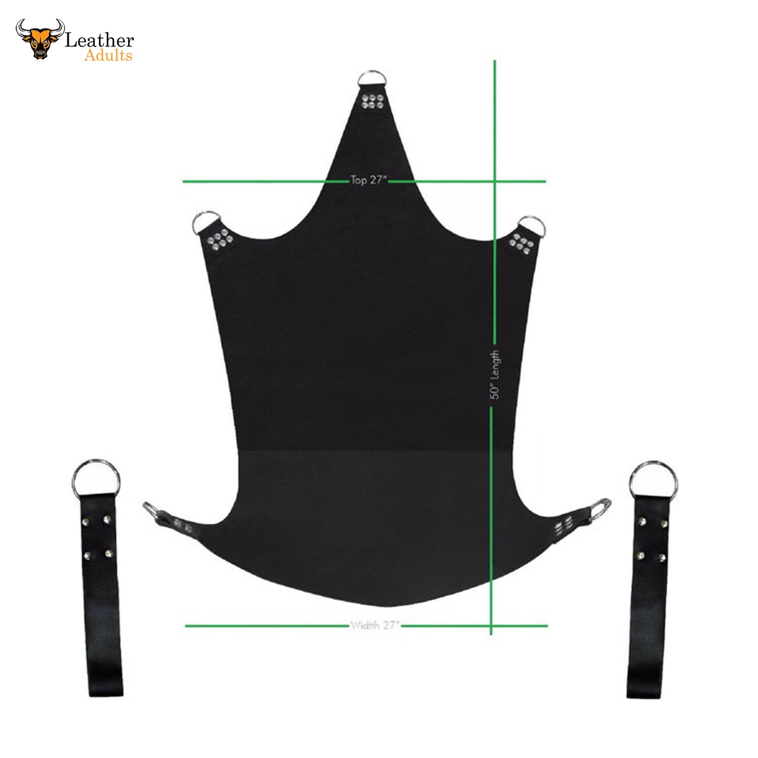 A black leather sex swing with leg stirrups, including steel D-Rings and chains for hanging. The swing is measured at 50 inches long and 27 inches wide at the top and base.