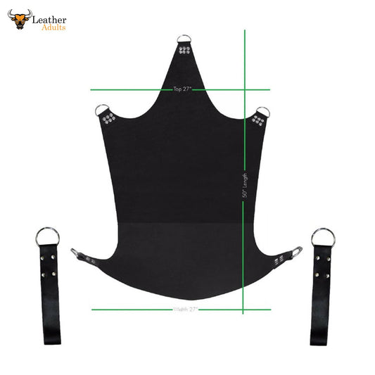 A black leather sex swing with leg stirrups, including steel D-Rings and chains for hanging. The swing is measured at 50 inches long and 27 inches wide at the top and base.