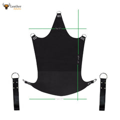 A black leather sex swing with leg stirrups, including steel D-Rings and chains for hanging. The swing is measured at 50 inches long and 27 inches wide at the top and base.