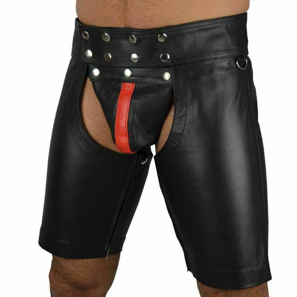 Pantalones cortos tipo zahones de cuero de vaca auténtico para hombre con raya roja