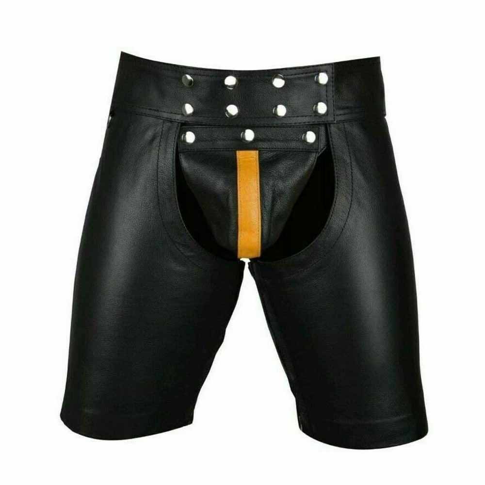 Men's Black Real Cowhide Leather Chaps Shorts Leather Chaps Shorts with Yellow Stripe