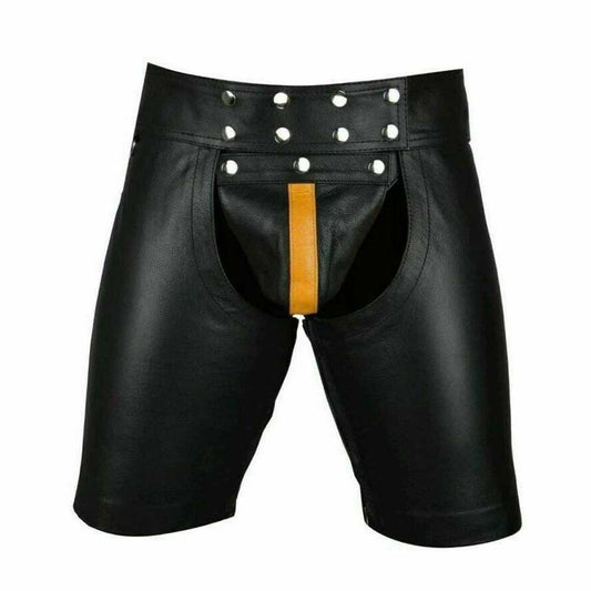 Pantalones cortos de cuero de vaca auténtico negros para hombre, pantalones cortos de cuero con raya amarilla