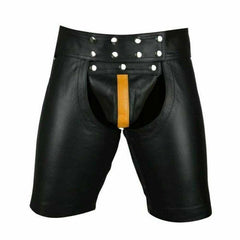 Men's Black Real Cowhide Leather Chaps Shorts Leather Chaps Shorts with Yellow Stripe